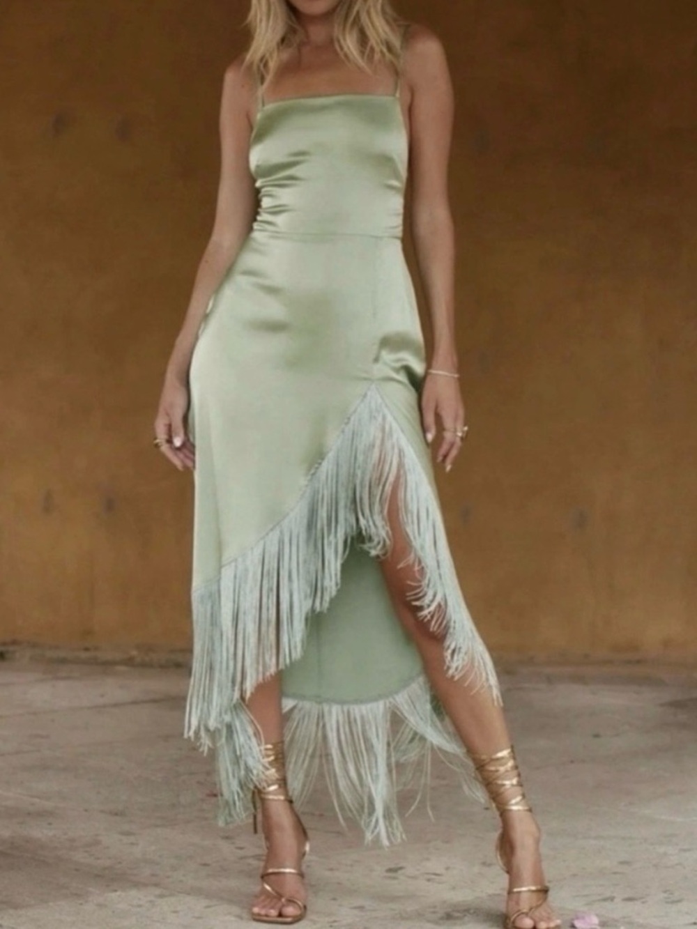 12th Tribe Monet Sage Fringe Satin Maxi Dress